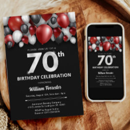 ブラックレッドシルバー&ホワイト70誕生日招待状 招待状