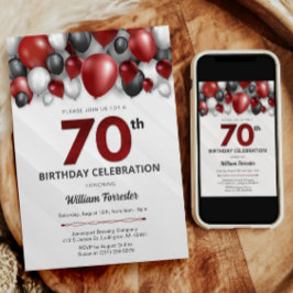 ブラックレッドシルバー&ホワイト70誕生日招待状 招待状