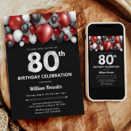 ブラックレッドシルバー&ホワイト80誕生日招待状 招待状