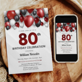 ブラックレッドシルバー&ホワイト80誕生日招待状 招待状