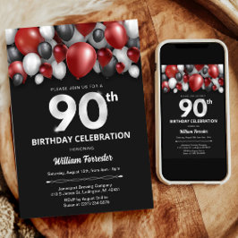 ブラックレッドシルバー&ホワイト90誕生日招待状 招待状