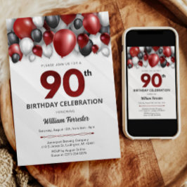 ブラックレッドシルバー&ホワイト90誕生日招待状 招待状