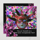 ブラックレッドジェスターマスク，マスカレードパーティーシャンパン 招待状 (正面/裏面)