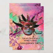 ブラックレッドジェスターマスク,仮装パーティーピンク 招待状 (正面/裏面)