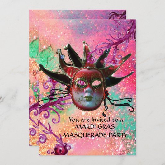 ブラックレッドジェスターマスク，仮装パーティーピンク 招待状 (正面/裏面)