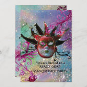 ブラックレッドジェスターマスク,仮装パーティーブルー 招待状 (正面/裏面)