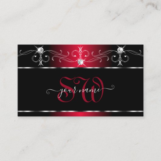 ブラックレッドスクイグルスパークルジュエリーイニシャル 華美 名刺 (正面)
