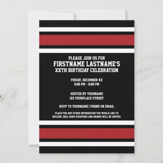 ブラックレッドスポーツジャージー誕生日パーティー 招待状 (正面)