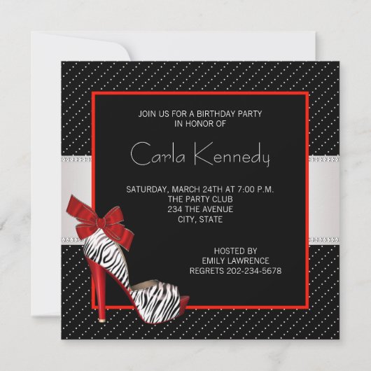 ブラックレッドゼブラの誕生日パーティー招待状 招待状 (裏面)