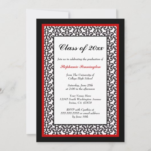 ブラックレッドダマスクの卒業パーティー発表 招待状 (正面)