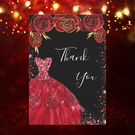 ブラックレッドドレス花模様グリッター誕生日 サンキューカード