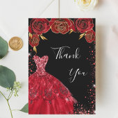 ブラックレッドドレス花模様グリッター誕生日 サンキューカード