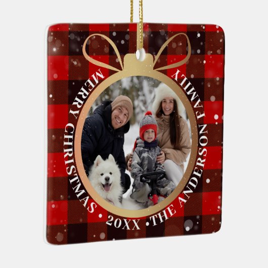 ブラックレッドバッファロープレイドクリスマス2フォトホリデー セラミックオーナメント (右)