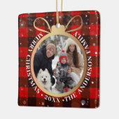 ブラックレッドバッファロープレイドクリスマス2フォトホリデー セラミックオーナメント (左)