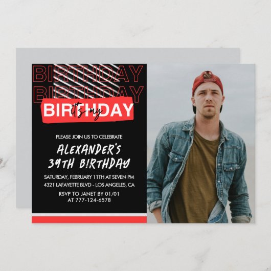 ブラックレッドフォトメンズ39歳の誕生日招待状 招待状 (正面/裏面)