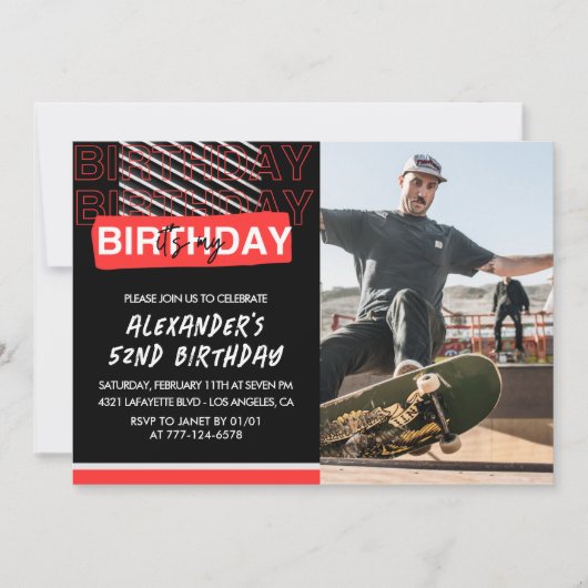 ブラックレッドフォトメンズ52歳の誕生日招待状 招待状 (正面)