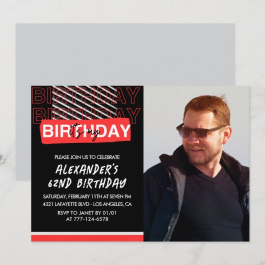 ブラックレッドフォトメンズ62歳の誕生日招待状 招待状 (正面/裏面)