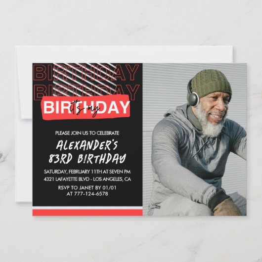 ブラックレッドフォトメンズ83歳の誕生日招待状 招待状 (正面)