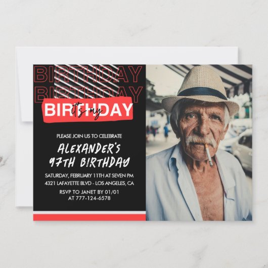 ブラックレッドフォトメンズ97歳の誕生日招待状 招待状 (正面)