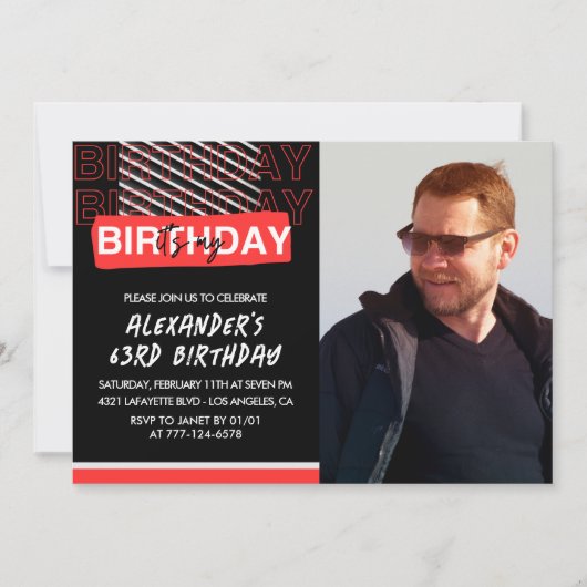 ブラックレッドフォト63歳の誕生日招待状メンズ 招待状 (正面)