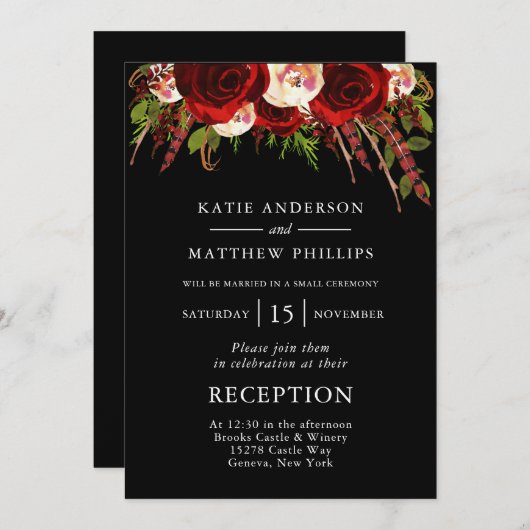 ブラックレッドフローラボホウェディングレセプション 招待状 (正面/裏面)