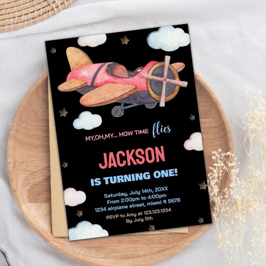 ブラックレッドブラウン飛行機誕生日招待状 招待状