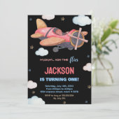 ブラックレッドブラウン飛行機誕生日招待状 招待状 (スタンド正面)