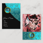 ブラックレッドブルー自転車結婚のダマスクモノグラム 名刺 (正面/裏面)