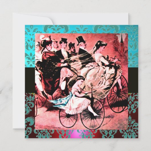 ブラックレッドブルー自転車結婚のダマスクモノグラム 招待状 (正面)