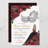 ブラックレッドプリンセスティアラマスカレードスウィート16 招待状 (正面/裏面)