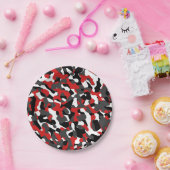 ブラックレッドホワイトカモフラージュプリントパターン ペーパープレート (パーティー)