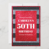 ブラックレッドホワイトグリッター誕生日パーティー 招待状 (正面)