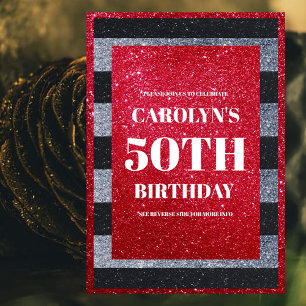 ブラックレッドホワイトグリッター誕生日パーティー 招待状