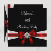 ブラックレッドホワイトジュエルボウ40エレガント誕生日 招待状 (正面/裏面)