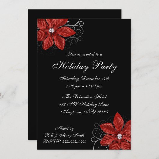 ブラックレッドポインセティアスワルズホリデーパーティー 招待状 (正面/裏面)