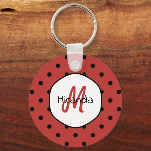 ブラックレッドラディバグ水玉模様名とモノグラム キーホルダー (正面)