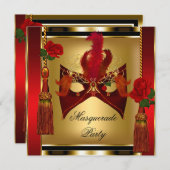 ブラックレッドローズ金ゴールド仮装パーティーマスク 招待状 (正面/裏面)
