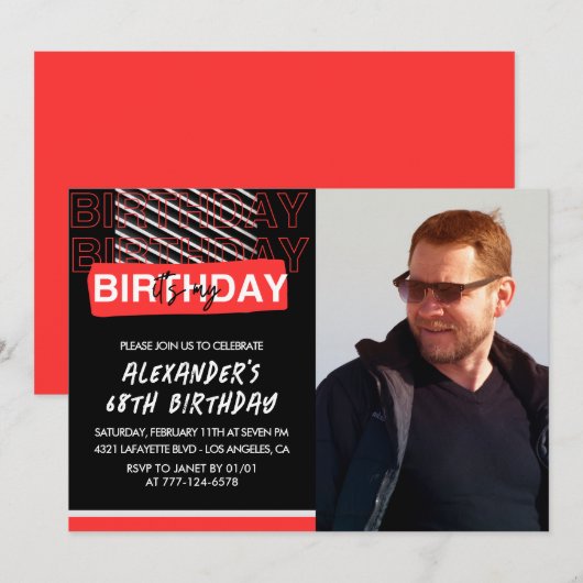 ブラックレッド写真68th誕生日招待状メンズ 招待状 (正面/裏面)