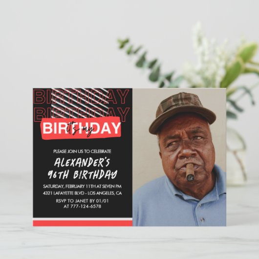 ブラックレッド写真96th誕生日招待状メンズ 招待状 (スタンド正面)