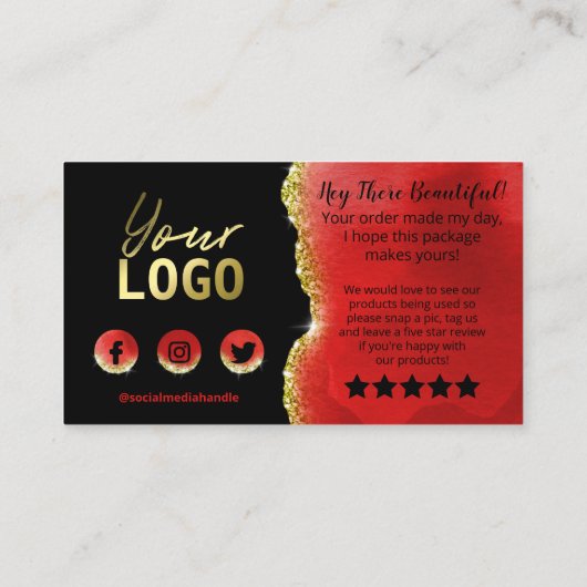 ブラックレッド金ゴールドグリッターフォイルエーゲートありがとう 名刺 (裏面)