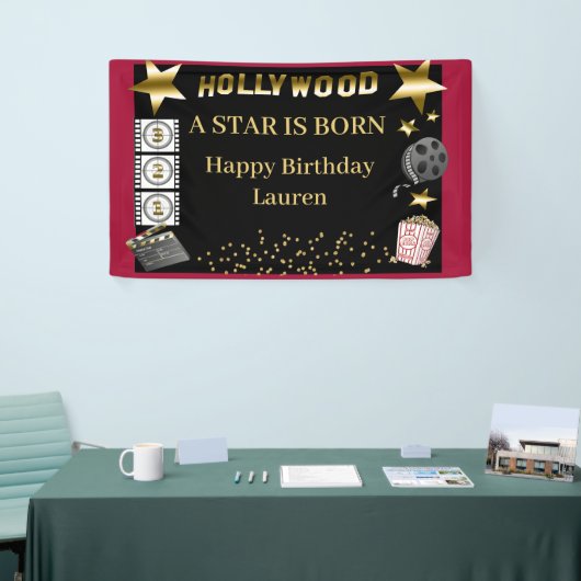 ブラックレッド金ゴールドハリウッドAスターは生まれ誕生日 横断幕 (トレードショー)