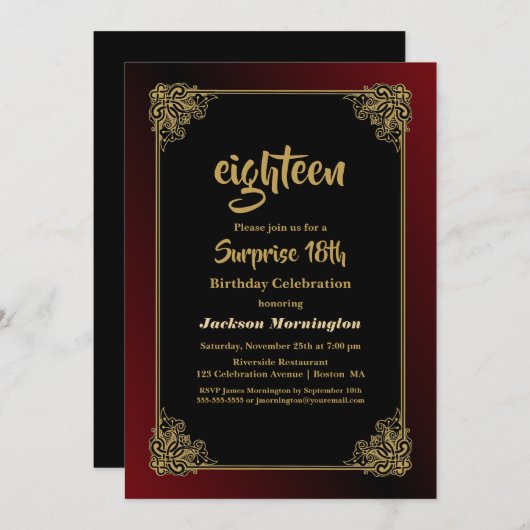 ブラックレッド金ゴールドフレームサプライズ18誕生日 招待状 (正面/裏面)