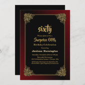 ブラックレッド金ゴールドフレームサプライズ60誕生日 招待状 (正面/裏面)