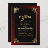 ブラックレッド金ゴールドフレーム18th誕生日ディナー 招待状 (正面/裏面)
