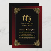 ブラックレッド金ゴールドフレーム50th誕生日ディナー 招待状 (正面/裏面)