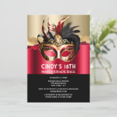 ブラックレッド金ゴールドマスカレード誕生日顔マスクシック 招待状 (スタンド正面)