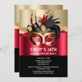 ブラックレッド金ゴールドマスカレード誕生日顔マスクシック 招待状 (正面/裏面)
