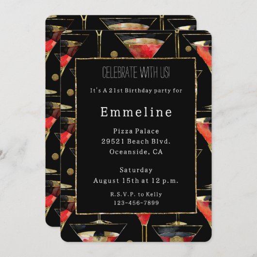ブラックレッド金ゴールドマルティーニ誕生日 招待状 (正面/裏面)