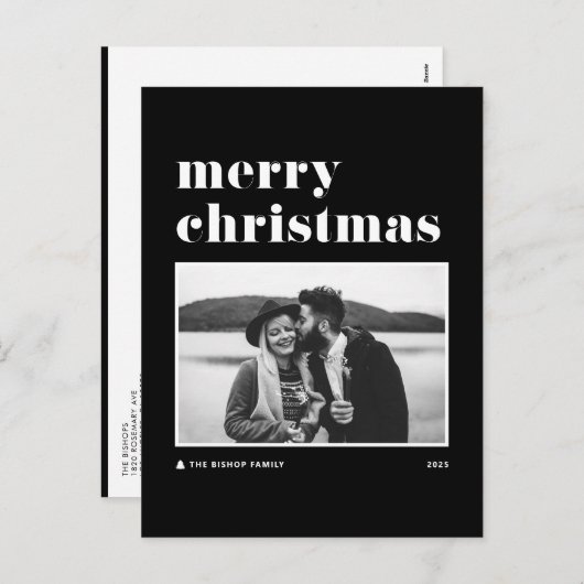 ブラックレトロはっきりしたタイポグラフィフォトメリークリスマス シーズンポストカード (正面/裏面)