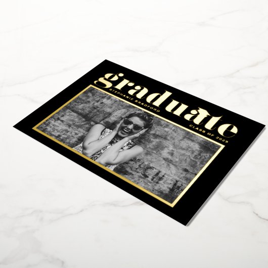 ブラックレトロはっきりしたタイポグラフィ写真卒業 箔招待状 (回転した状態)